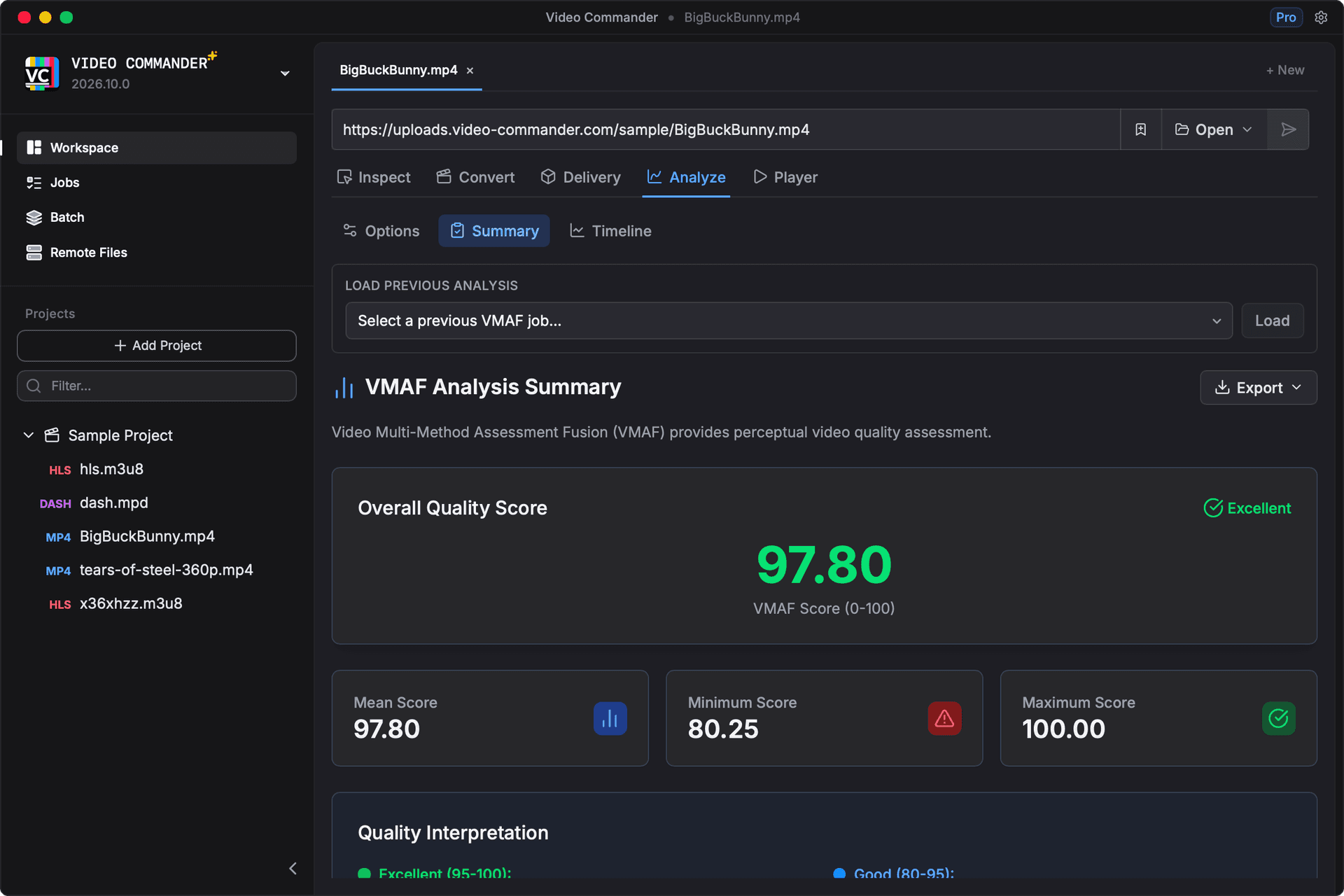 Analyze view showing quality analysis summary