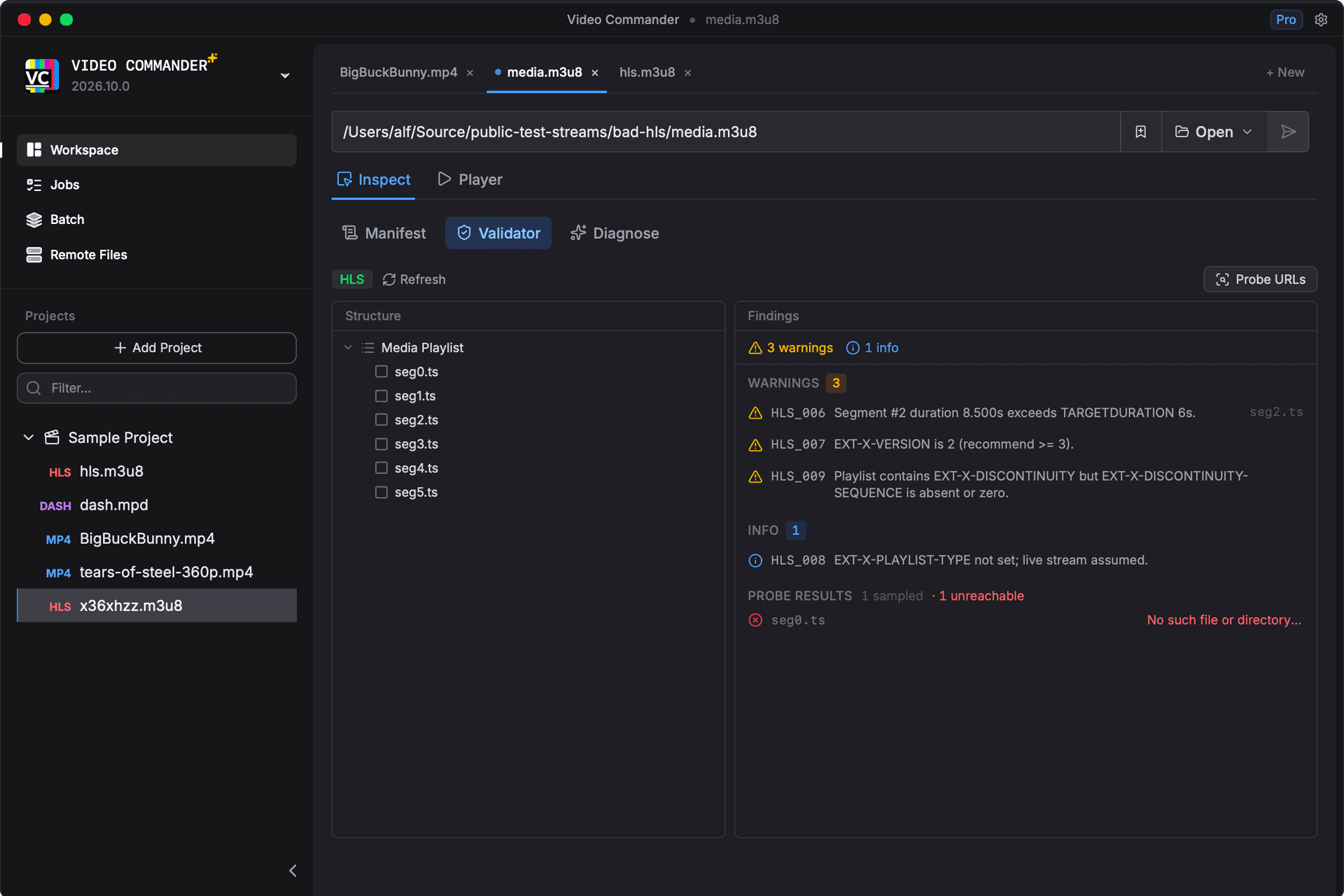 Validate view showing HLS manifest validation results
