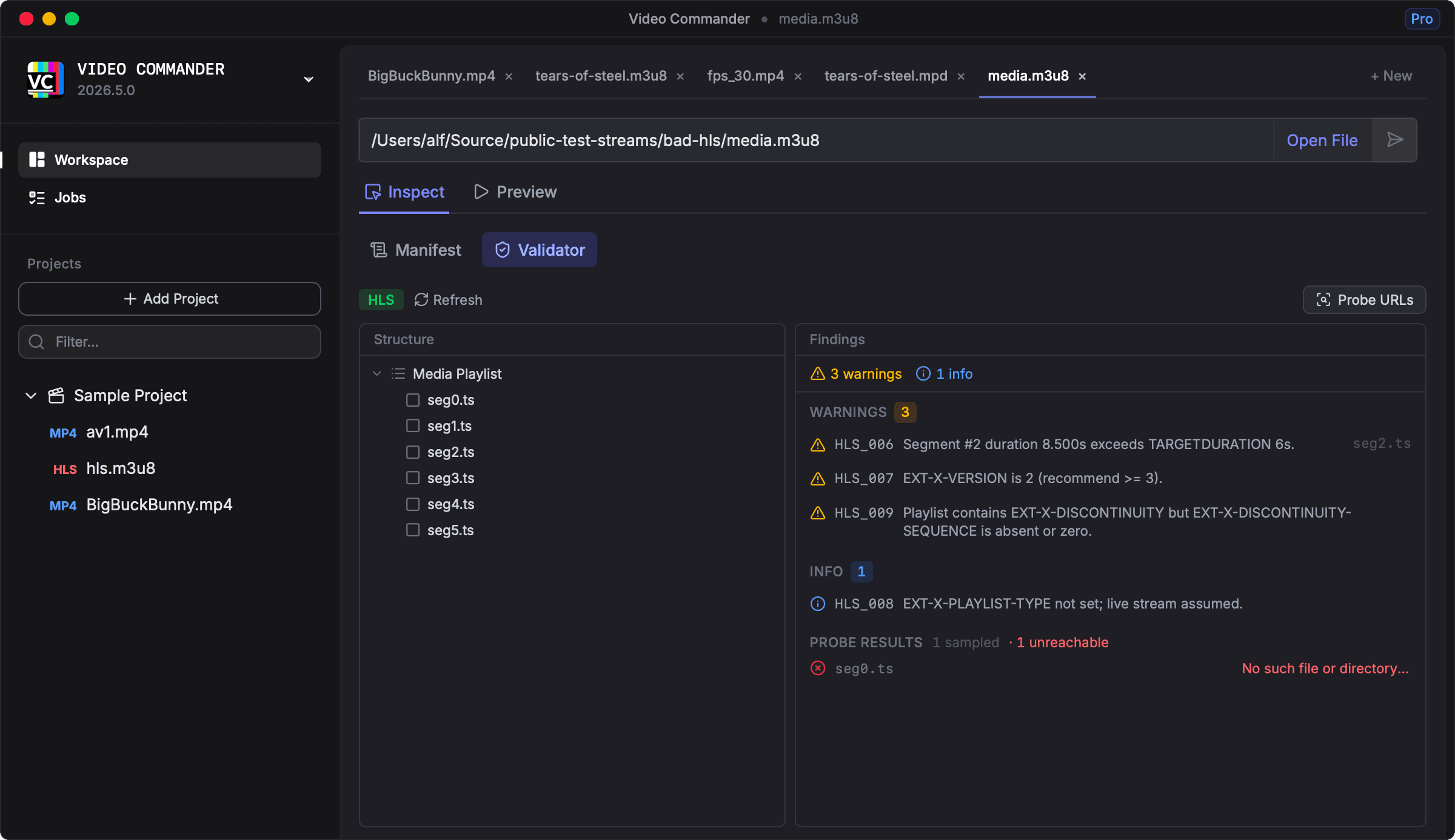 Validate view showing HLS manifest validation results